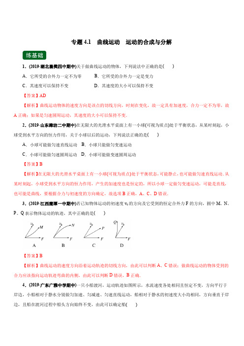 2020年高考物理一轮复习讲练测 专题4.1 曲线运动 运动的合成与分解(精练)  含解析