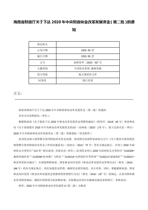 海南省财政厅关于下达2020年中央财政林业改革发展资金（第二批）的通知-琼财资环〔2020〕387号