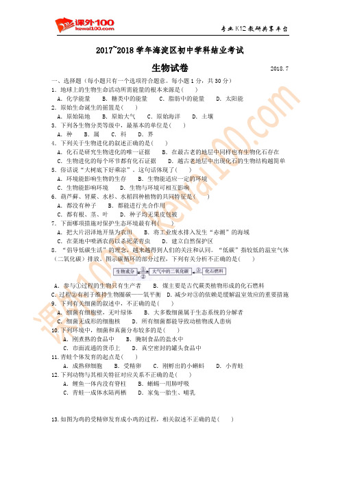 2017~2018学年海淀区初中学科结业考试