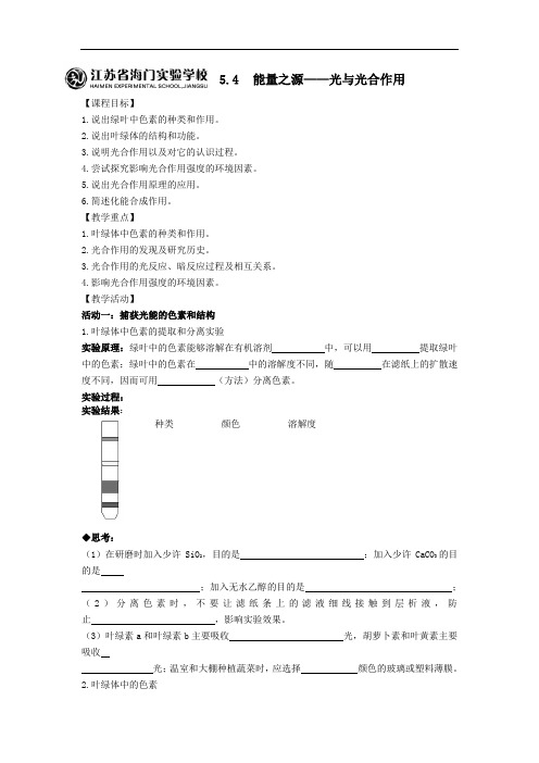 人教版生物必修一5.4能量之源——光与光合作用 精品导学案