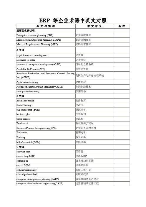 ERP 等企业术语中英文对照