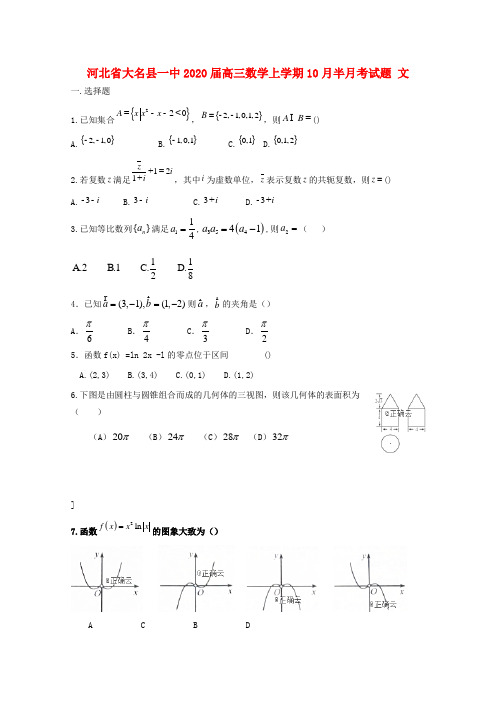 河北省大名县一中2020届高三数学上学期10月半月考试题 文