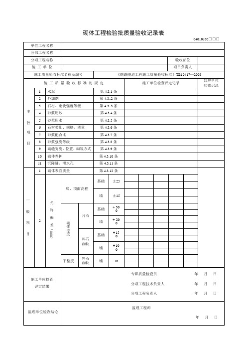 砌体工程检验批质量验收记录表及填写指南