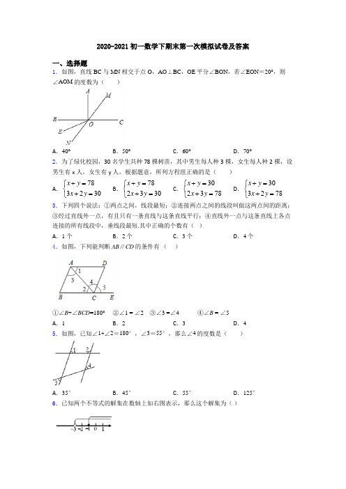 2020-2021初一数学下期末第一次模拟试卷及答案