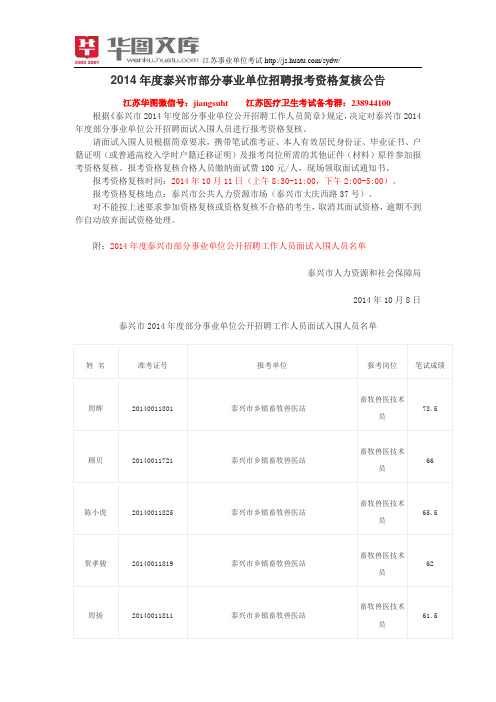 2014年度泰兴市部分事业单位招聘报考资格复核公告