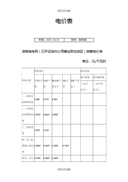 长沙市各种用电电价之欧阳语创编