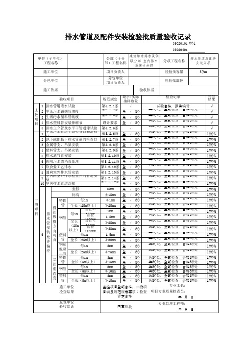 05020101排水管道及配件安装检验批质量验收记录