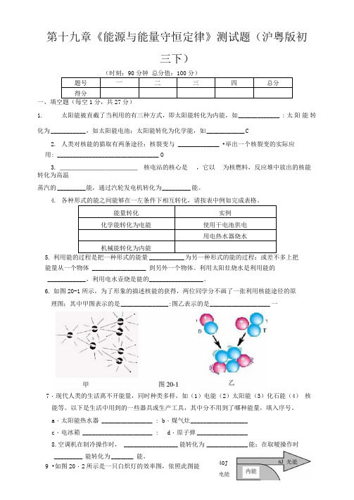 第十九章《能源与能量守恒定律》测试题(沪粤版初三下)