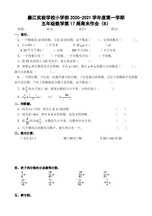 五年级上册数学第17周周末作业(b)-2020-2021学年 广东省廉江市实验学校