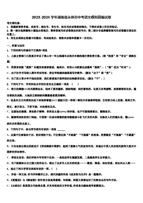 2023-2024学年湖南省永州市中考语文模拟精编试卷含解析