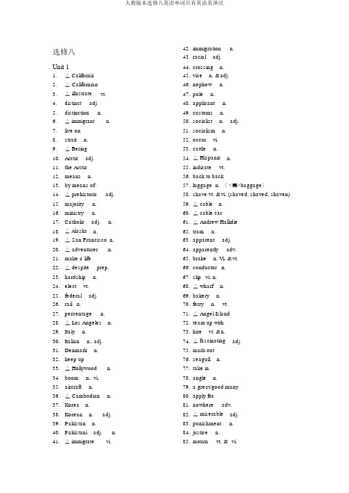 人教版本选修八英语单词只有英语英译汉