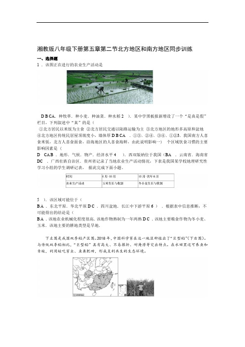 湘教版八年级下册 第五章第二节北方地区和南方地区同步训练(包含答案)