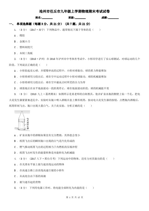 沧州市任丘市九年级上学期物理期末考试试卷