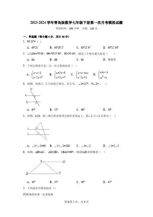 2023-2024学年青岛版数学七年级下册第一次月考模拟试题 