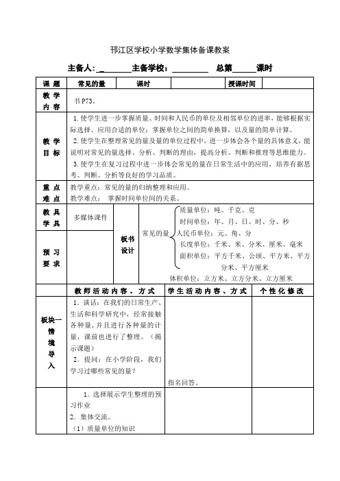 苏教版六年级数学下册第七单元总复习《常见的量》优秀教案