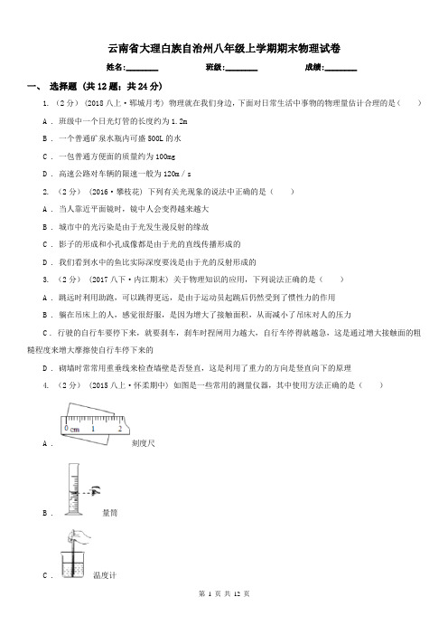 云南省大理白族自治州八年级上学期期末物理试卷