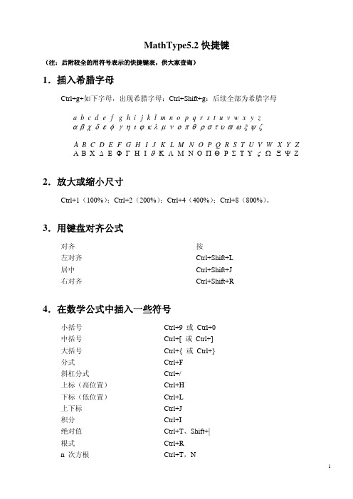 Mathtype5.2常用快捷键