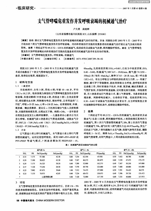 支气管哮喘危重发作并发呼吸衰竭的机械通气治疗