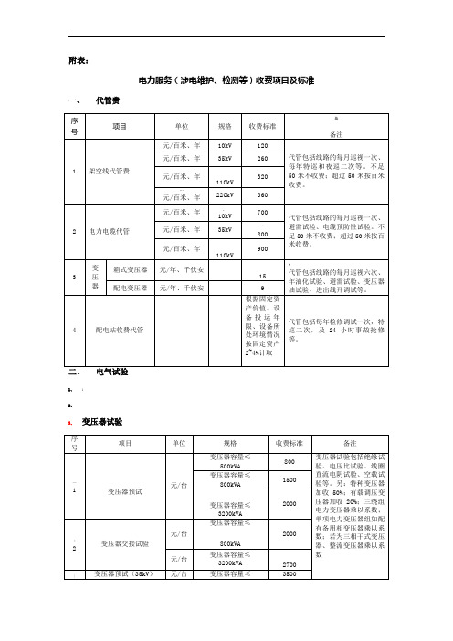 电力服务收费项目及标准