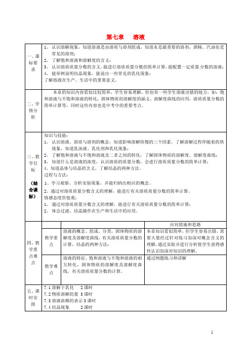 部编版2020九年级化学下册 第七章 溶液教案 (新版)粤教版