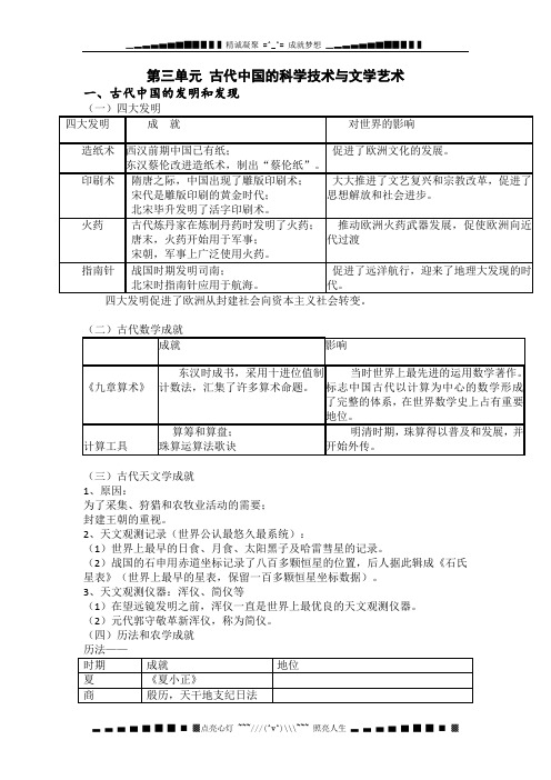 高一历史：第三单元《古代中国的科学技术与文学艺术》复习提纲(人教版) 必修三