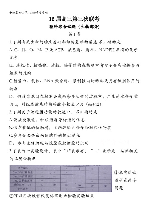 河南省郑州一中教育集团2016届高三第三次联考试题 理综生物 含答案byfen