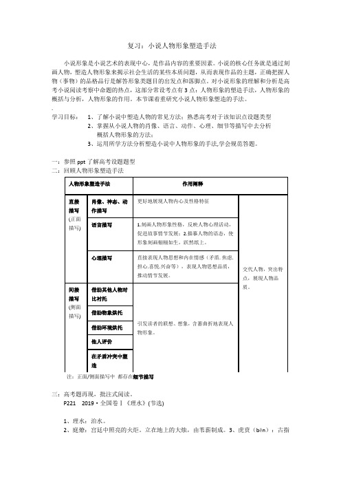 小说人物形象塑造手法 学案