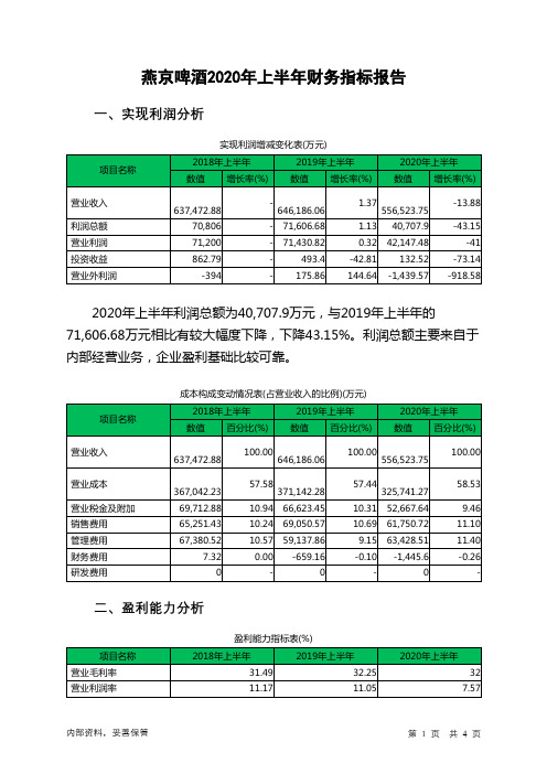 燕京啤酒2020年上半年财务指标报告