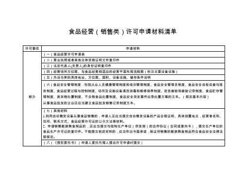 食品经营(销售类)许可申请材料清单