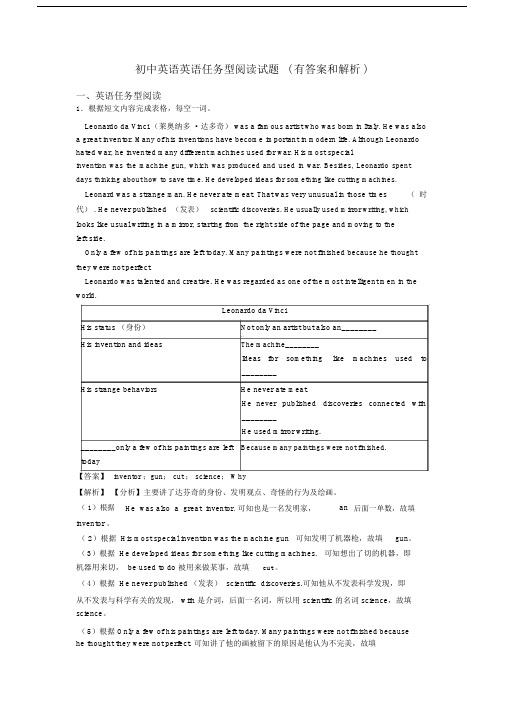 初中英语英语任务型阅读试题(有答案和解析).docx