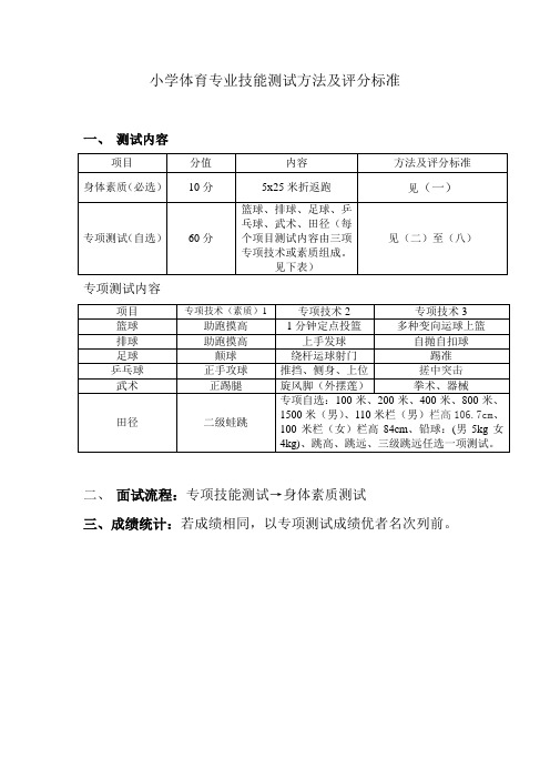 小学体育专业技能测试方法及评分标准