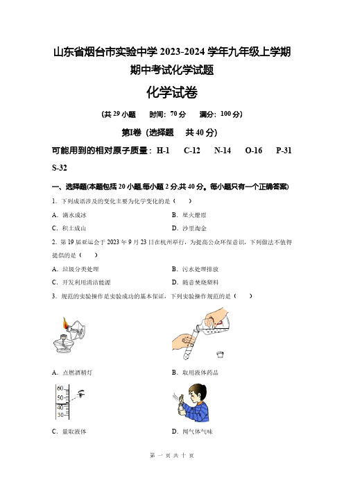 山东省烟台市实验中学2023-2024学年九年级上学期期中考试化学试题(原卷版)