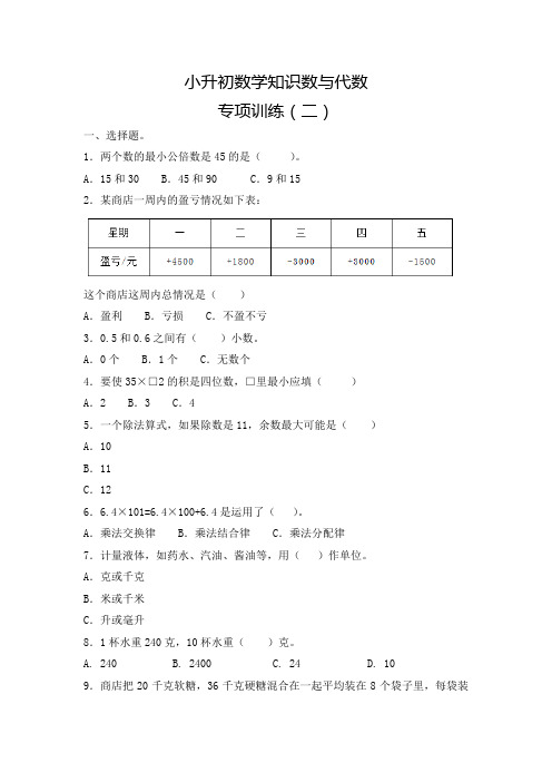 【精品】小升初数学知识数与代数专项训练(二)含答案解析