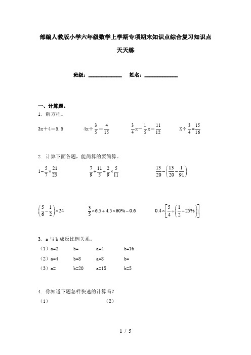 部编人教版小学六年级数学上学期专项期末知识点综合复习知识点天天练