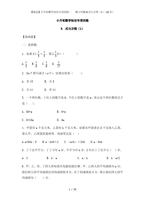 【精品】小升初数学知识专项训练一   数与代数-9.式与方程(1)(18页)