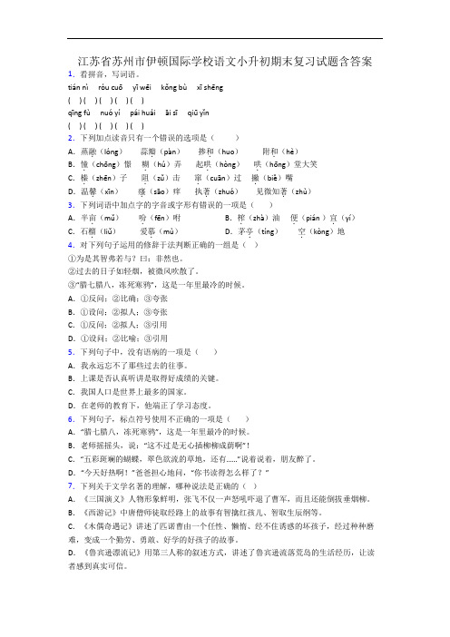 江苏省苏州市伊顿国际学校语文小升初期末复习试题含答案