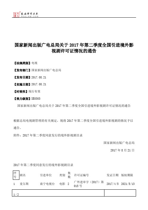 国家新闻出版广电总局关于2017年第二季度全国引进境外影视剧许可