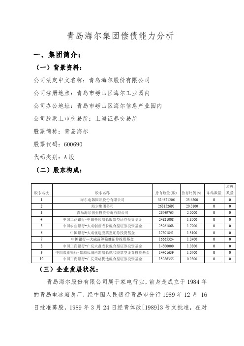 财务报表分析 青岛海尔集团偿债能力分析