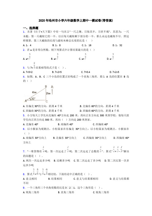 2020年沧州市小学六年级数学上期中一模试卷(带答案)