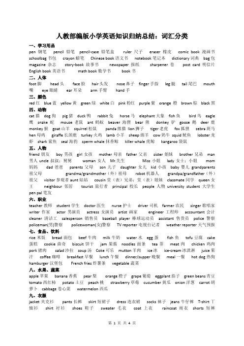 人教部编版小学英语知识归纳总结：词汇分类