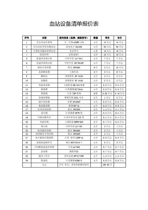 血站设备报价表-新