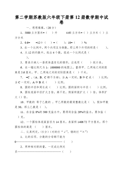 第二学期苏教版六年级下册第12册数学期中试卷