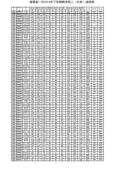 高二总成绩统计表2010年下学期期考