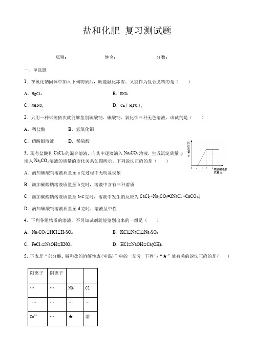 2020年人教版中考化学盐和化肥复习测试试题(Word精编版,含答案)