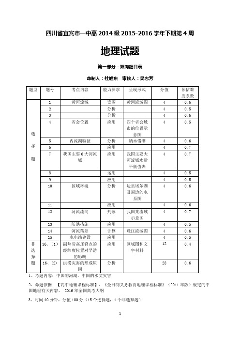 2014级地理周考题双向细目表第1周