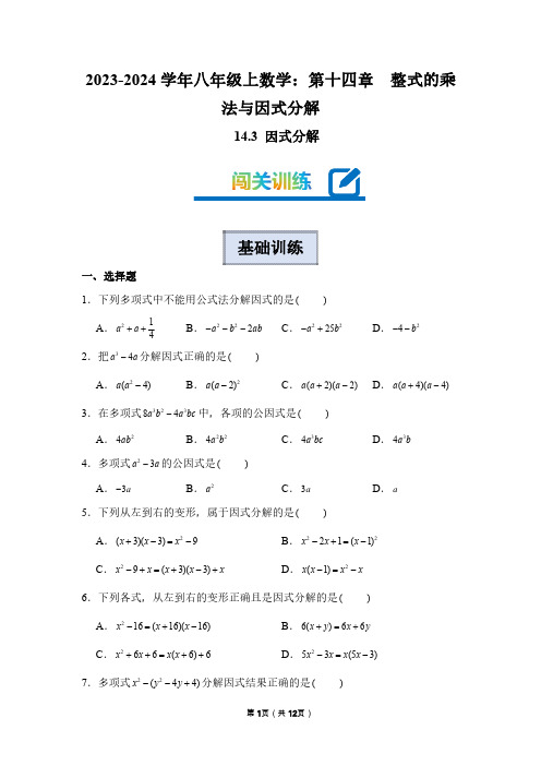 2023-2024学年八年级上学期数学：因式分解(附答案解析)