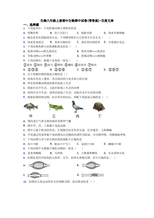 生物八年级上册期中生物期中试卷(带答案)-百度文库