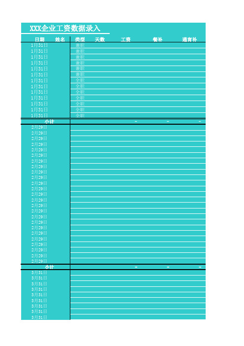 中小企业员工每月工资汇总表
