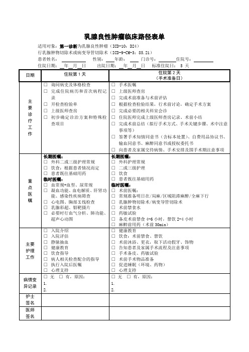 乳腺良性肿瘤临床路径 表单