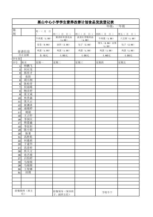 学生食用领餐表